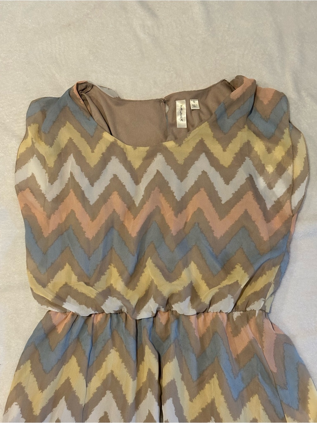 Tacera Chevron Print Dress In Tan, Yellow, Blue & Pink